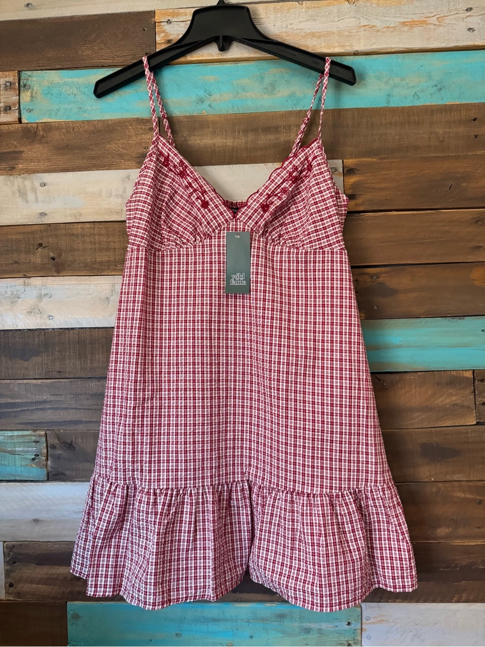 Wild Fable Red Gingham Mini Dress Scallop Cup Ruffle A-Line Cottagecore | Size M